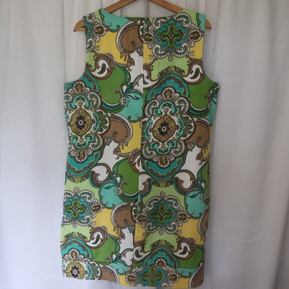 Sunny Leigh Linen Sheath Women Sz 16 Floral GreenYellowBlue Midi Sleeveless - Picture 6 of 16